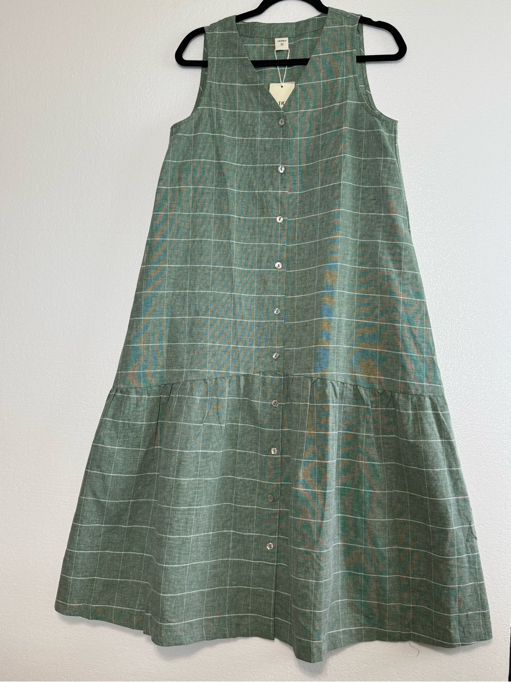 LINTICO Green Grid Linen Blend Midi Dress S Sleeveless Button Front Tiered NWT